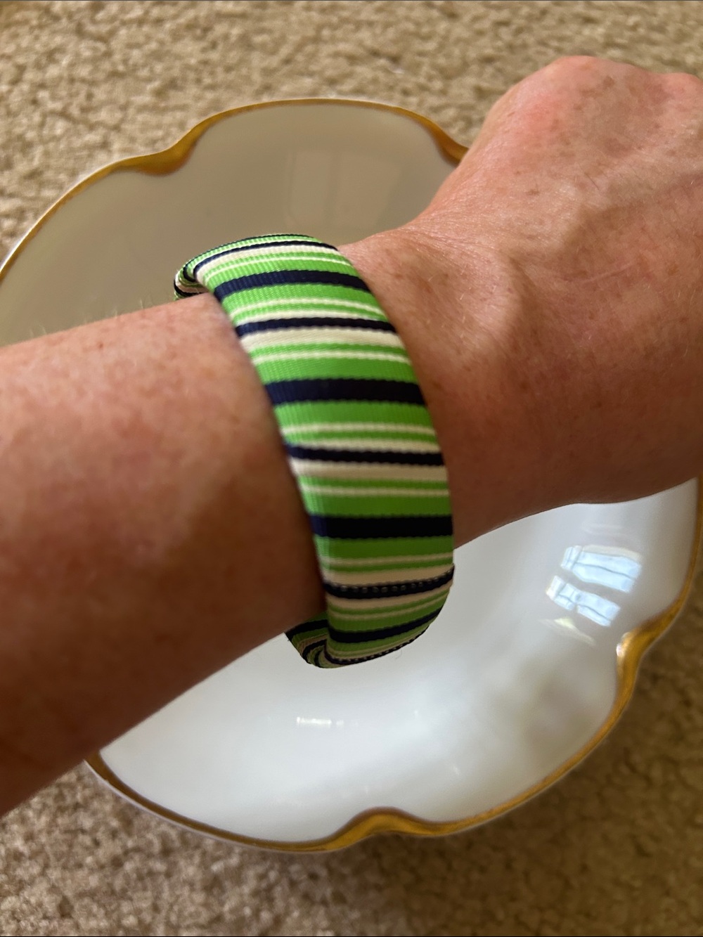 Melly M Striped  Ribbon Bracelet in Green, Blue & White